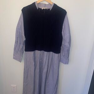 Sea New York Blue Striped Shirt Midi Dress with Black Knit Vest Overlay
